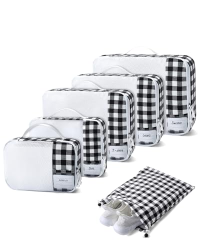 ECOHUB Organizador de malas de 6 peças, organizador de viagem com etiqueta, cubos de embalagem reciclados para mochilas, organizadores de embalagem de bagagem de malha antiderrapante (preto e branco)