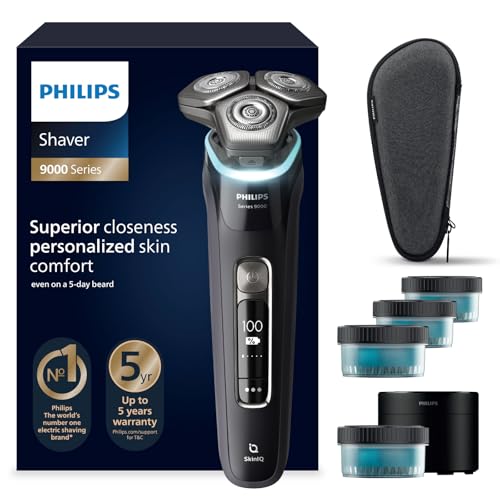 Philips Série 9000 máquina de barbear elétrica para homem, máquina de barbear com aparador, 60 min de uso, seco e húmido, recarregável, centro de limpeza, base de carregamento, 4 cartuchos S9976/63,