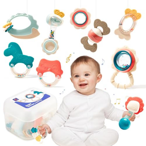 hahaland Chocalhos e mordedor brinquedos bebés 0 3 6 12 meses, brinquedos sensoriais para a dentição 10 peças, presentes originais com caixa de armazenamento para bebés 0 meses