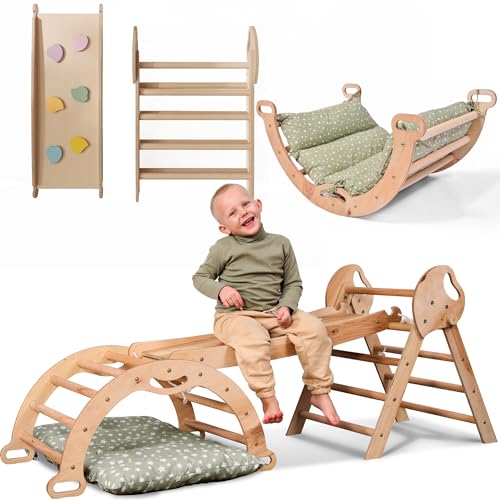 Goodevas Estrutura de escalada 5 em 1 para crianças, escada em triângulo, arco de escalada, Balance Board e almofada, estrutura de escalada Montessori, ginásio de madeira para crianças de 1 a 3 anos