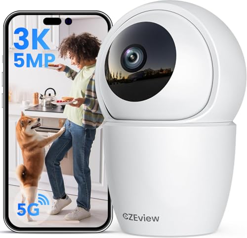 CZEview 3 K/5 MP Câmara de vigilância WiFi interior, 5/2,4 GHz câmaras vigilância doméstica, câmara para cães e animais de estimação, PTZ 355 °, visão noturna, áudio bidirecional, Alexa (branco)