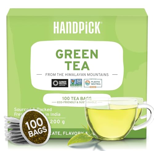HANDPICK, Sacos de chá verde - 100 sacos de chá ecológico | puro chá verde, sem glúten | fecho hermético | delicado e saboroso | direto da Índia