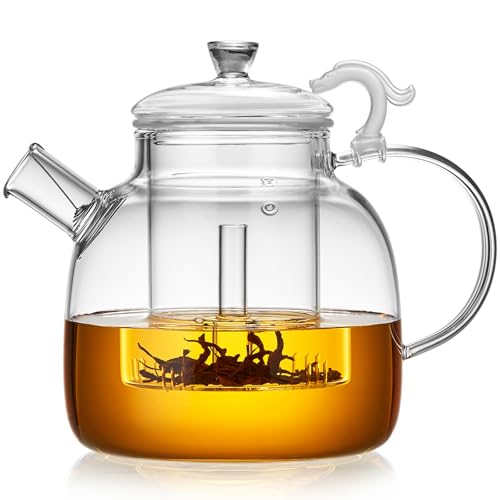 MESNEY Bule grande de vidro com infusor de 1,757,7 g, 1850 ml, design de vidro com filtro duplo, bule de borosilicato para folhas soltas e chá florescente, adequado para estufa