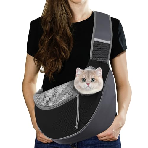 Pawaboo Mala de tiracolo para cães, bolsa portátil para animais de estimação com trela ajustável e bolsos, mala de mensageiro respirável confortável com para cachorros gatinhos, S, cinzento escuro