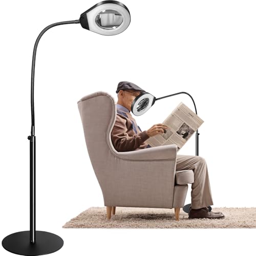Beyamz Candeeiro de pé LED com lupa 5 x 105 mm, luz regulável com 5 cores, 3 opções de montagem, ideal para trabalho de precisão, leitura e iluminação