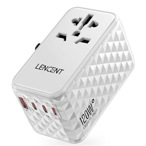 LENCENT Adaptador de tomada universal GAN III de 120W, carregador internacional com 1 USB-A e 3 USB-C PD, adaptador de viagem carregamento rápido para telemóveis, tablets, portátil, UK, EU, AU, EU,