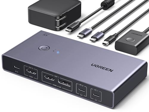UGREEN Switch KVM HDMI 2.0 2 entradas e 2 saídas interruptor tipo C 4K @ 60Hz interruptor USB 3.0 2 unidades e 2 monitores compartilham rato teclado U - discos rígidos etc