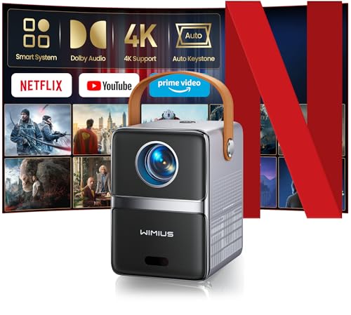 Netflix Certificado mini projetor portátil 4K, WiMiUS 1080P Projetor com auto-chave/E-foco, WiFi 6& Bluetooth 5.2, Dolby Audio projetor portátil 4k para telemóvel / PC/HDMI/exterior/cinema em casa