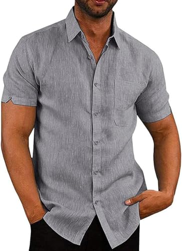 Friptspyg Homem camisa de algodão e linho para manga curta ajuste regular casual de praia com bolso camisa de verão