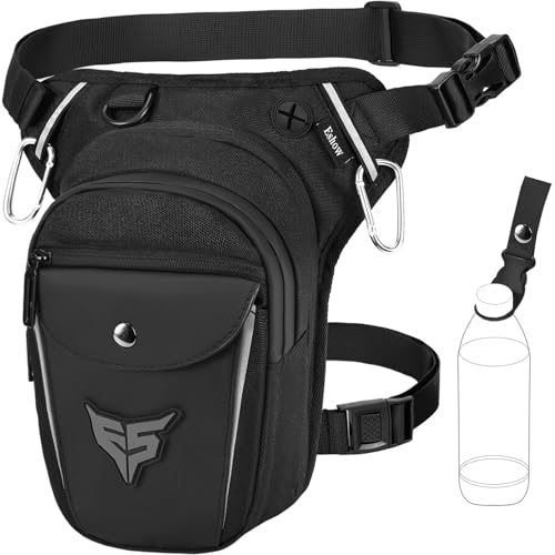 Eshow Perna de motocicleta expansível, pochetes com porta-garrafas e tira refletora para homem e mulher, bolsa perna para ciclismo montanhismo viagens caminhadas trabalho acampamento escalada preto