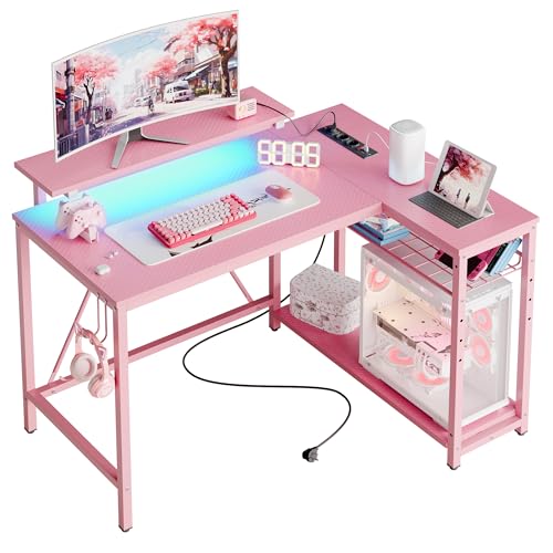 Bestier Secretária em forma de L com tomadas de energia e luzes LED, secretária de canto com prateleiras, reversível para computador para casa, escritório, quarto, espaço pequeno, 106,5 cm