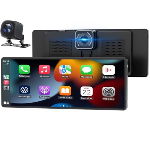 Ecrã do carro, 10,26" ecrã Carplay carro para Apple e Android, com câmara traseira e dianteira, HD de 1080P, navegação GPS, som premium, controlo por voz, isqueiro de carro de porta dupla