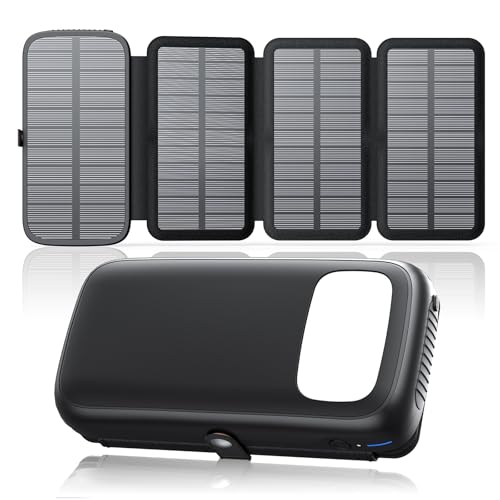 Carregador solar Power Bank 27000 mAh, FEELLE bateria externa com 3 saídas USB 3A carregamento rápido, lanterna integrada e 4 painéis solares dobráveis carregador portátil para tablets (preto)