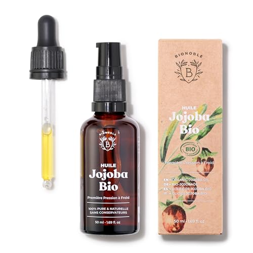 Bionoble Óleo de jojoba orgânico 50 ml 100 % puro, natural e prensado a frio - rosto, corpo, cabelo, barba, unhas - vegano e cruelty free - Jojoba Oil - garrafa de vidro pipeta bomba.