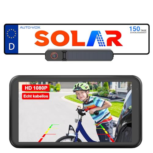 AUTO-VOX Câmara solar sem fios marcha traseira com monitor 1080P de 5'': Bateria 5000 MAh, instalação em 2 minutos, câmara de marcha traseira impermeável IP69K para Vans/veículos utilitários/camiões