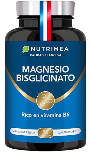 Magnésio Bisglicinato Vitamina B6 ativa, alta absorção e tolerância, reduz o stress, fadiga e cãibras, suporte muscular e nervoso, vegano, sem glúten nem lactose, 90 cápsulas, nutrimea