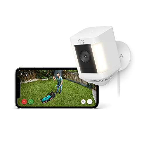 Ring Cámara Plus con luces y enchufe (Spotlight Cam Plus) | Cámara de vigilancia exterior wifi con vídeo HD 1080p, comunicación bidireccional, visión nocturna y focos LED | 30 días gratis de Ring Home