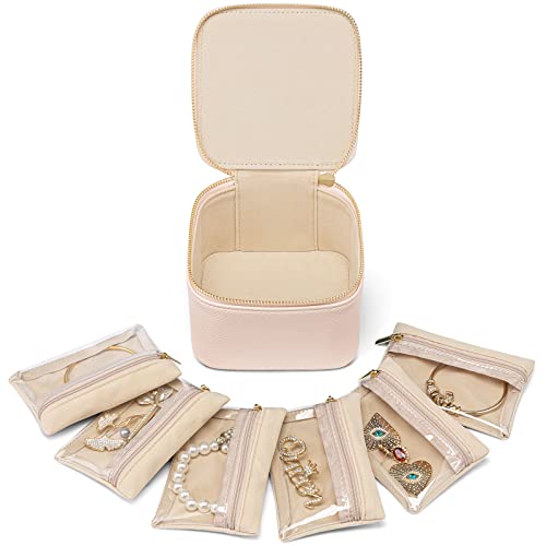 Vlando Caixa de jóias de viagem pequena, armazenamento de jóias de viagem, caixa de jóias de couro, organizador de jóias para mulher, meninas (rosa)