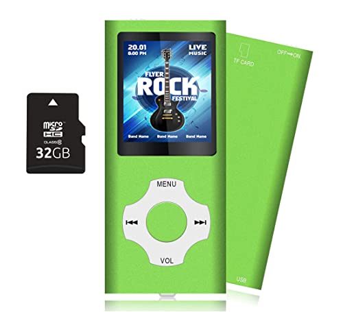 Tabmart 32 GB Leitor MP3 portátil, MP3 com ecrã LCD de 1,8 polegadas, HiFi MP3 Player portátil sem perdas, E-Book, rádio FM, gravador de voz, auriculares incluídos, verde
