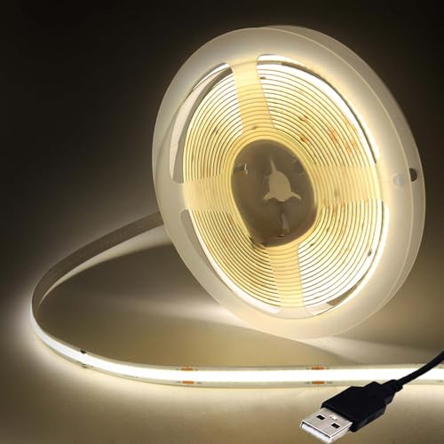 HEGEHE Tira LED COB USB 4 M, 5 V 320 LEDs/M FCOB Faixa LED flexível não impermeável interior branco natural LED Band para iluminação de armário, quarto, cenário, festa de Natal (FPCB: 8 mm)