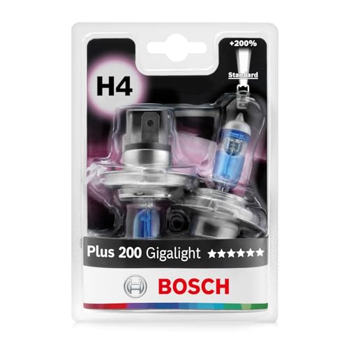 Bosch H4 Plus 200 Gigalight, lâmpadas haloggenas para faróis dianteiros, 1 V 60/55 W, 200% mais luz - casquilho tipo P43t - substituição de luzes para carro, embalagem de 2 lâmpadas