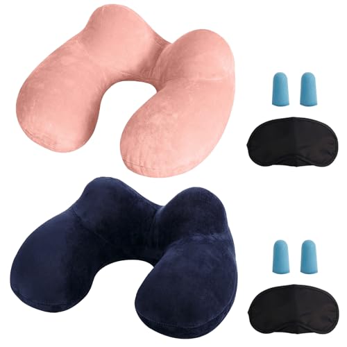 Almofada insuflável de viagem, almofada insuflável de pescoço de viagem, feita de veludo macio e capa lavável com tampões para os ouvidos, máscara para os olhos e bolsa de transporte (azul escuro