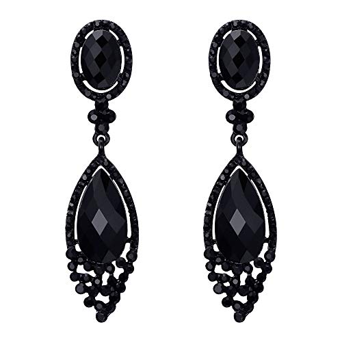 Clearine Brincos de clipe compridos para mulher candelabro de lágrima de vidro para festa de casamento pinças para orelhas pendentes em mulheres sem brincos perfurados preto