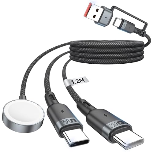 Cabo A-pple W-atch carregador - cabo tipo C 3 em 2, 1,2 m 60 W multi USB C carregamento rápido, cabo USB tipo C carregamento rápido compatível com iWatch Ultra 2/SE 2/10-1, com iPhone 16/15 Pro Max, i