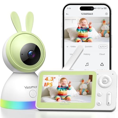 YESIMOM Câmara de vigilância para bebé, 360° PTZ monitor para bebés com câmara com APP móvel, ecrã IPS de 4,3", luz noturna colorida, rastreamento automático, alarme de área, áudio de 2 vias, zoom 4X