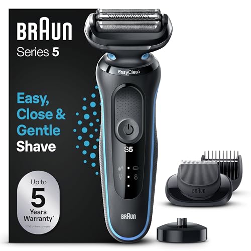 Braun Série 5 máquina de barbear elétrica para homem, máquina de barbear com cabeça e lâminas flexíveis, acessório de corta-barba incluído e base de carregamento, impermeável e recarregável,