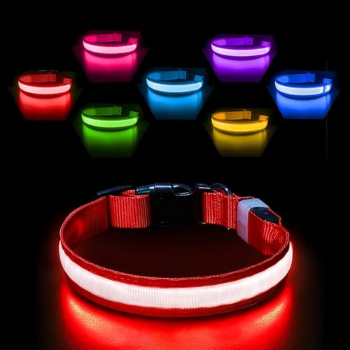 PcEoTllar Coleira luminosa cão, coleira luzes recarregáveis cão, 8 modo coleira LED cão impermeável e 7 cores, iluminação ajustável coleiras LED para cães pequeno médio grande, vermelho-S