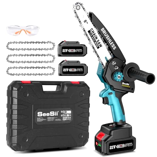 Seesii Mini moto-serra sem escovas de 8 polegadas com 2 × 4000 mAh baterias, serra à bateria com óleo automático, ideal para cortar madeira, poda de árvores e projetos DIY