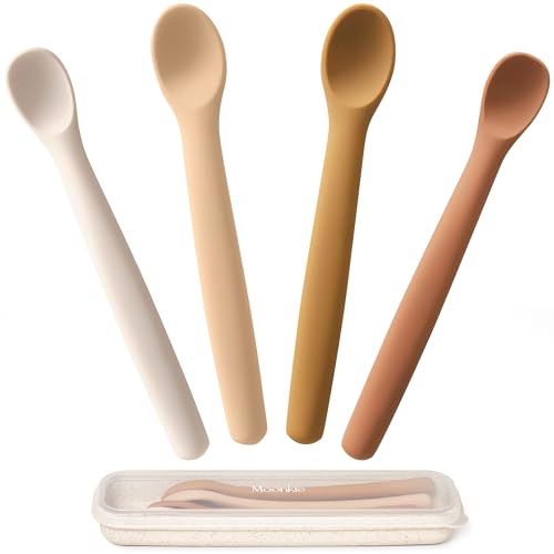 Moonkie Colher de aprendizagem para bebé, 4 peças de silicone, suaves para a primeira fase do bebé, aprendizagem para auto-alimentação e desmame orientado