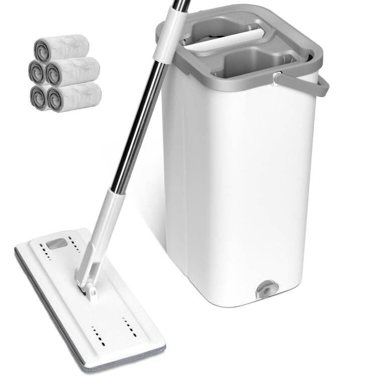 Masthome Conjunto de esfregona e balde, esfregona plana profissional com pega de aço inoxidável e 5 panos de substituição de microfibra para pisos de madeira, laminado, azulejos e mármore, branco