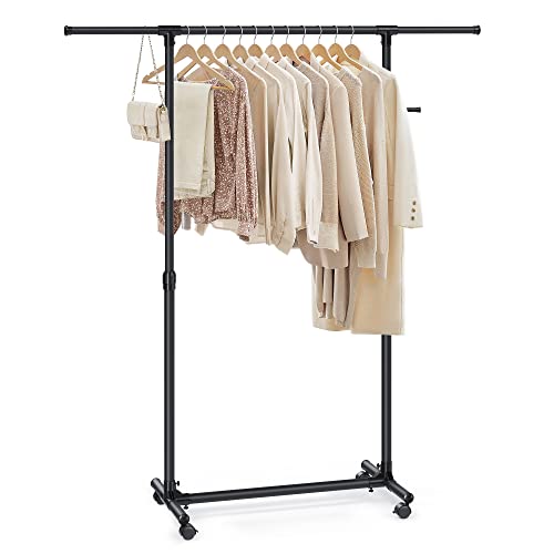 SONGMICS Cabide com rodas, borro para roupa, altura ajustável 97-165 cm, barra extensível, ganchos laterais para acessórios, preto LLR001B01