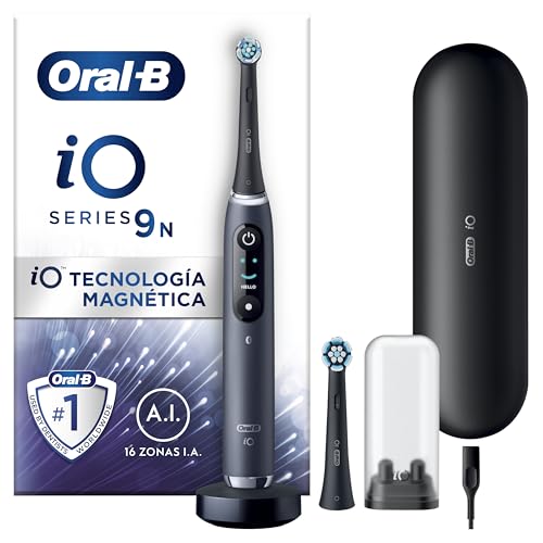 Oral-B iO 9N Escova de dentes elétrica com cabo recarregável, 2 cabeças e estojo de viagem com carregador, desenhado por Braun - preto