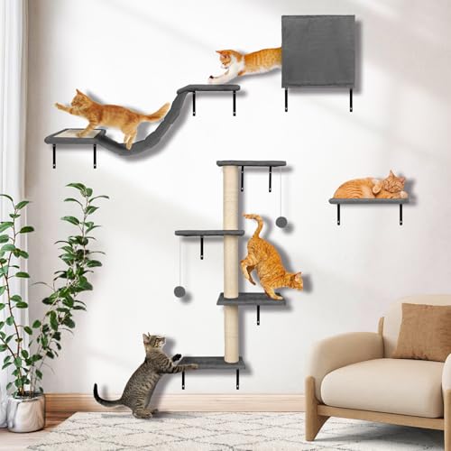 Myiosus Conjunto de parede de escalada para gatos, conjunto de móveis de parede de 4 peças para gatos com poste de raspador de sival, ponte e plataformas, prateleira de parede para gatos suportam até