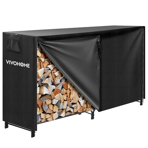 VIVOHOME Prateleira de armazenamento lenha com cobertura impermeável e fecho de correr suporte de lã metálica para interior e exterior para chaminés e jardim