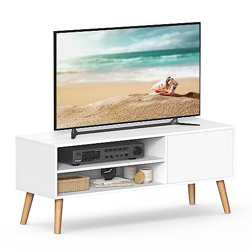 VASAGLE Móveis de TV, mesa de TV, para televisões de até 55 polegadas, comprimento de 120 cm, centro de entretenimento, de meados do século para sala de estar, quarto, branco LTV120T46