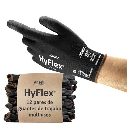 Ansell HyFlex 48-101 Luvas de trabalho finas, alta precisão tátil, forro elástico com revestimento de poliuretano, proteção multifuncional, bricolage e mecânica, preto, tamanho L (12 pares)