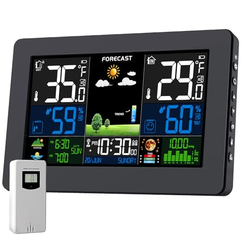 Estação meteorológica para casa com sensor digital, relógio a cores hora temperatura humidade previsão do tempo barómetro termómetro higrómetro preto