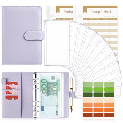 Pasta de caderno A6, TAOPE 26 peças capa de folhas soltas de couro PU com 12 sacos transparentes com fecho, classificador de orçamento para guardar cartões, fotos e faturas púrpura puro
