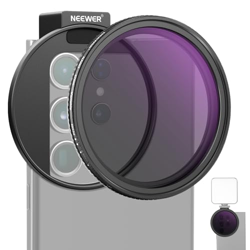 NEEWER 67 mm Kit de filtro de lente de telemóvel ND2-ND32 variável, clipe de telefone com anel adaptador rosqueado/sapato frio/botão de bloqueio, filtro ND variável HD para iPhone 16 15 Pro MAX 14 13