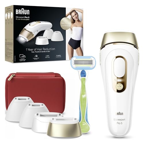 Braun Luz de pulso Silk-expert Pro 5, remoção de pêlos em casa, alternativa à remoção a laser, removedor IPL com capa, máquina Vénus, 4 cabeças para rosto e corpo, branco/dourado, PL5382