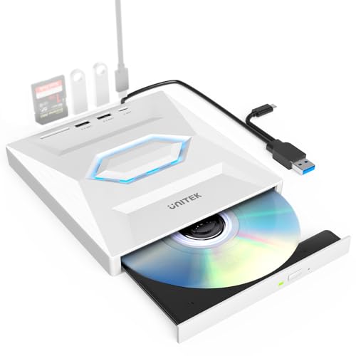 UNITEK Unidade externa de CD e DVD, USB C portátil CD/DVD +/-RW, leitor de DVD com leitor de cartões SD, USB 3.0, USB C, gravador de CD ROM compatível com portátil, PC, Windows, Linux, OS, Surface