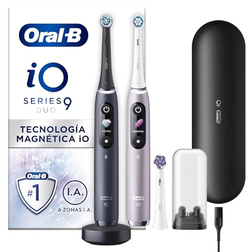 Oral-B iO 9 Pack de 2 escovas de dentes elétricas preto e rosa, com 3 cabeças e 1 estojo carregador de viagem, 7 modos de limpeza, sensor de pressão, carregamento rápido, desenhado por Braun