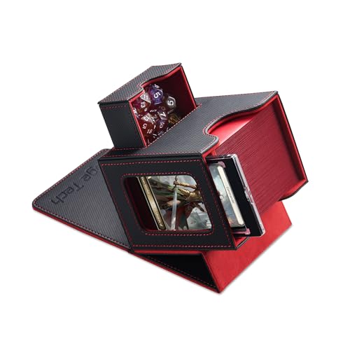 Mage Tech Caixa de medos Commander para MTG - design patenteado, exibição de comando, adequada para 100 cartas com capa dupla, suporte magnético de cartas de 35 pt e bandeja de dados - preto/vermelho