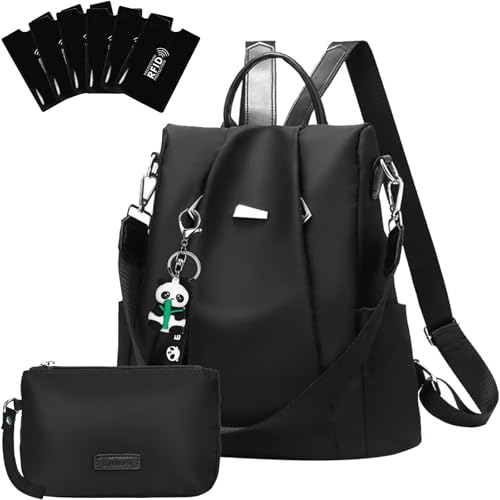 Eshow Mochila anti-roubo para mulheres e meninas, pode ser como mala de ombro ou mala de ombro, adequada para viagens escola compras e trabalho, Preto - Conjunto, L