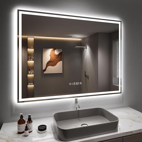 Dripex Espelho de casa de banho com luz LED 60 x 80 cm, anti-embaciamento, dímble, 3 cores de luz, interruptor de toque, com relógio e tomada bipolar
