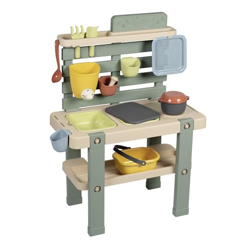 Smoby Life Cozinha de lama Brinquedo para exterior infantil com 11 acessórios, depósito de água 1 l e 2 grandes bandejas removíveis, plástico reciclado com tratamento anti-UV + 3 anos (7600840208)